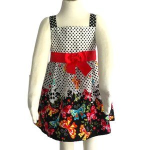Jessica Ann 2T Girl Cotton Dress, polka dot and butterfly print, red front bow.